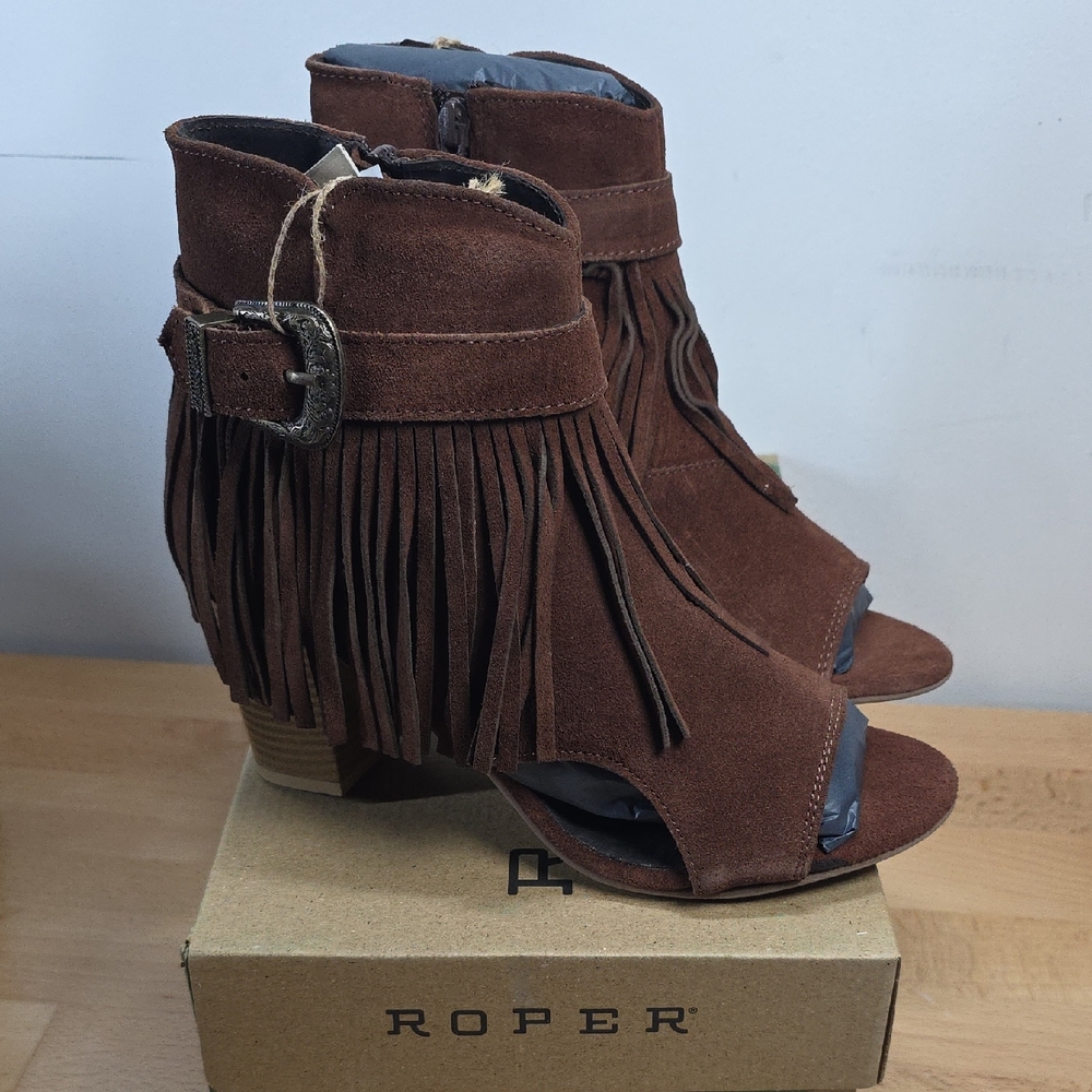 Roper Women's Suede Fringe Ankle Booties - Brown Heel 3" See For Size